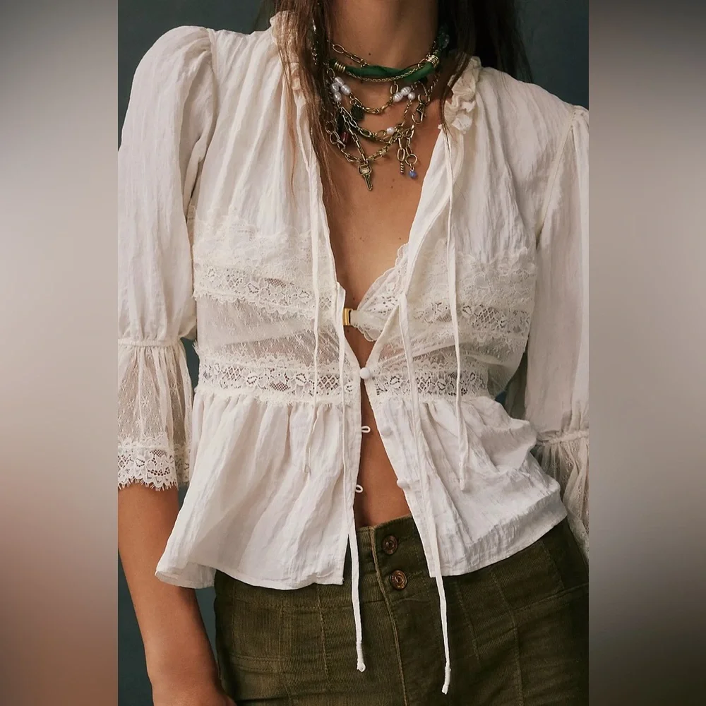 NWT FREE PEOPLE Forever Young Bed Jacket White INTIMATELY TOP LACE IVORY SIZE - Picture 1 of 10